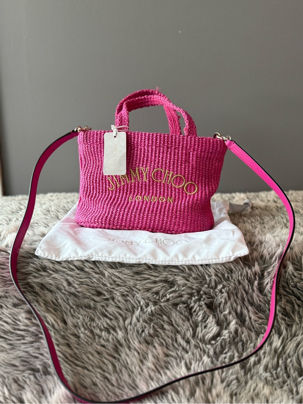 Jimmy Choo Hot Pink Raffia Mini Tote Crossbody Bag w/ Dust Bag NWT
